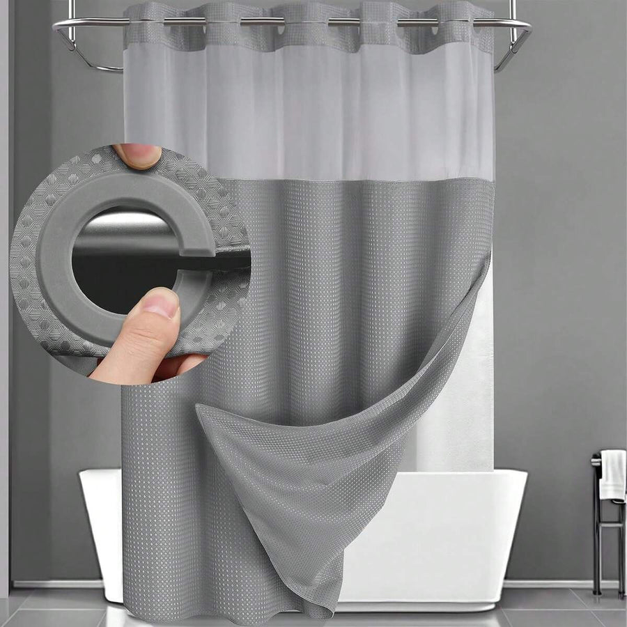 1PC Waffle Double Woven Shower Curtain, No Hook, Clear Top Window Hookless Shower Curtain With Snap Lined Waffle Shower Curtain Hotel Style Double Layer Machine Washable And Easy To Clean Bathroom Partition 72" X 75".