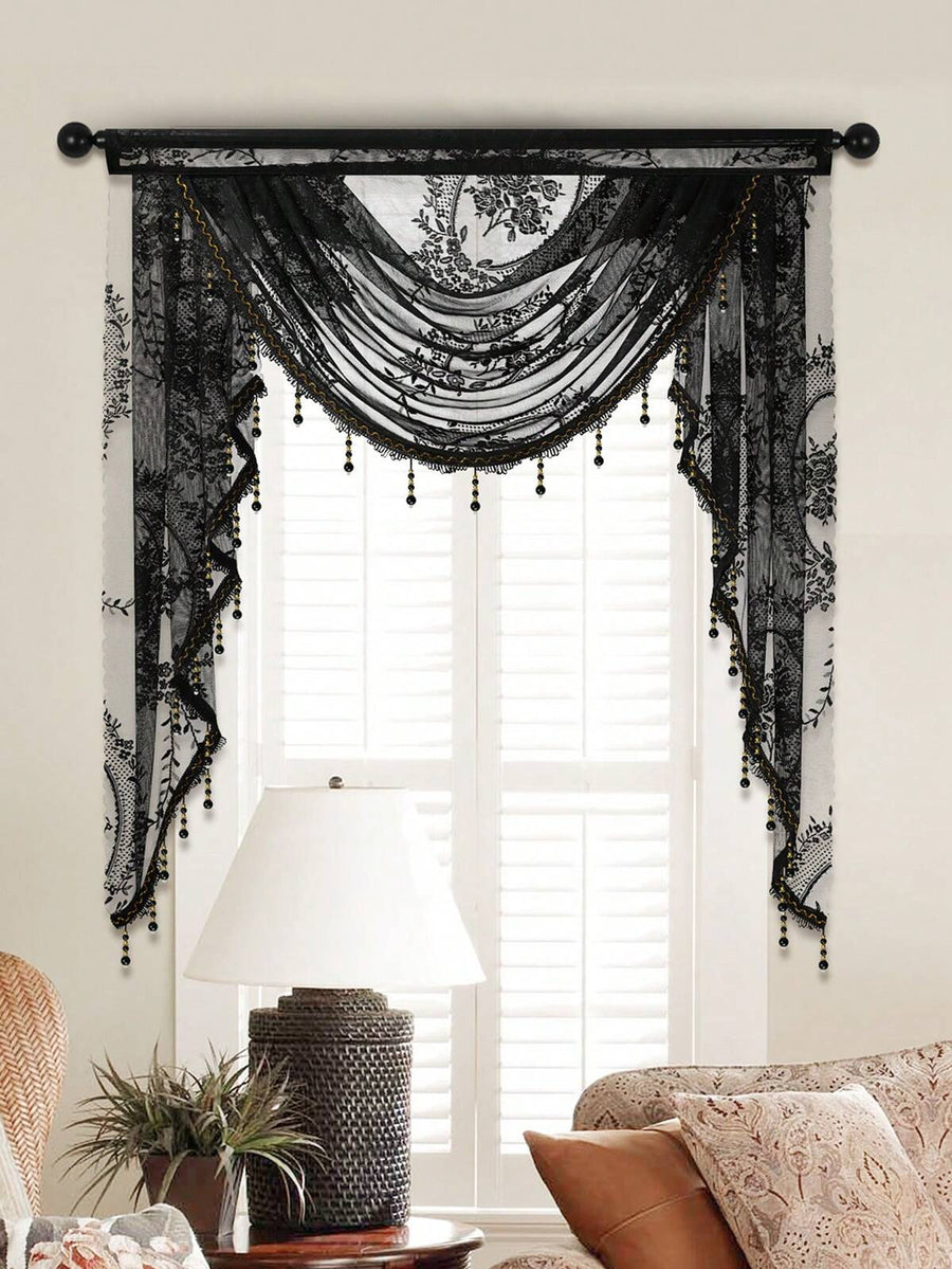 1pc Black Lace Heavy Curtain, Sweet Style With Exquisite Floral Ruffle Edge And Curtain Heading, Suitable For Living Room And Bedroom Windows/Doors Decor, Christmas Home Decor,Fall Decor,Autumn Decor,Room Decor
