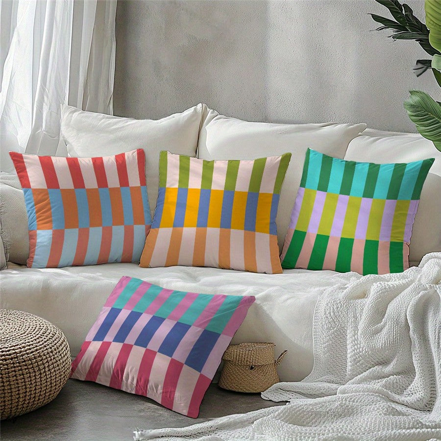 4pcs/Set Colorful Dopamine Stripe Pillow Covers, Bright Multicolor Stripe Geometry Single-Sided Printed Cushion Covers, 45x45cm Polyester Decorative Pillowcase, For Sofa Chairs Bedroom Living Room Home Decor, No Pillow Core