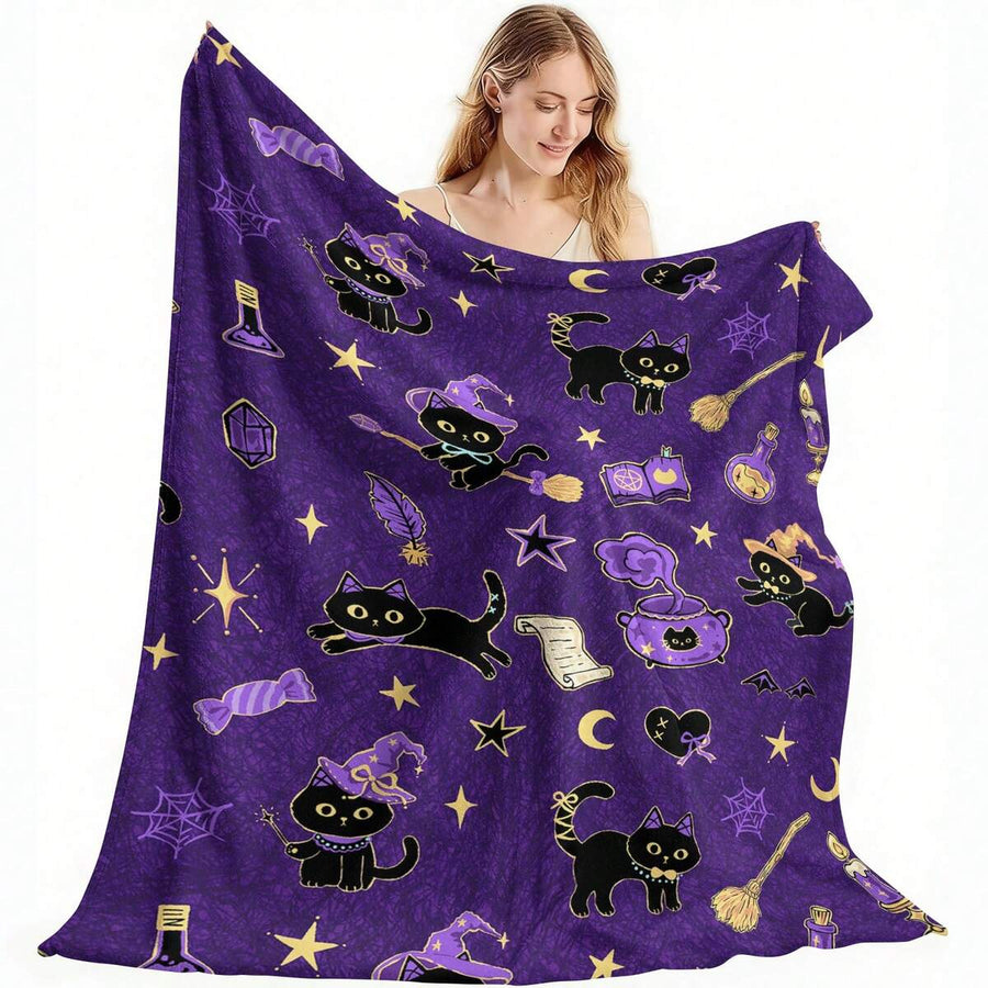 1pc Comfortable Flannel Blanket - Halloween Theme Pure Purple Background Magic Potion Bottle, Magic Witch Cat, Candy, Spider Web, Broom Vintage Digital Print Pattern - Perfect For Living Room And Camping - Ideal Gift For Family